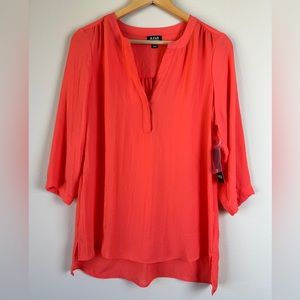 NWT‎ A.N.A Sheer 3/4 Sleeve Flowy V-Neck Blouse Top Women's Medium Hot Coral